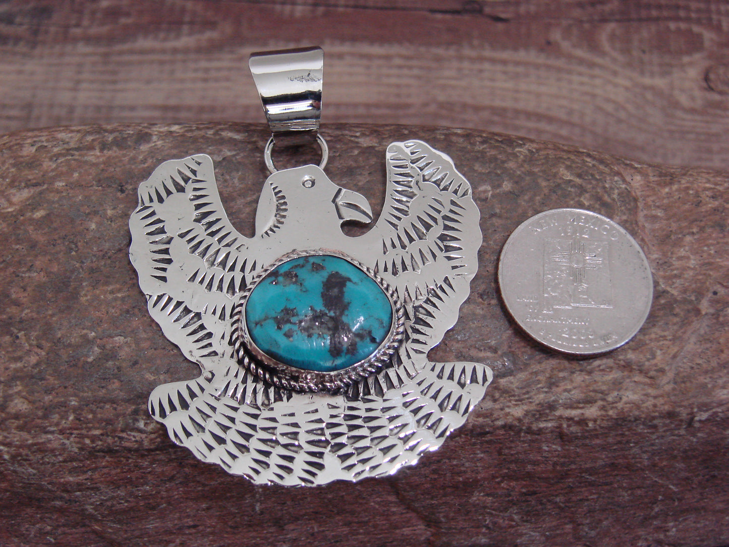 Native American Nickel Silver & Turquoise Eagle Pendant - Cleveland