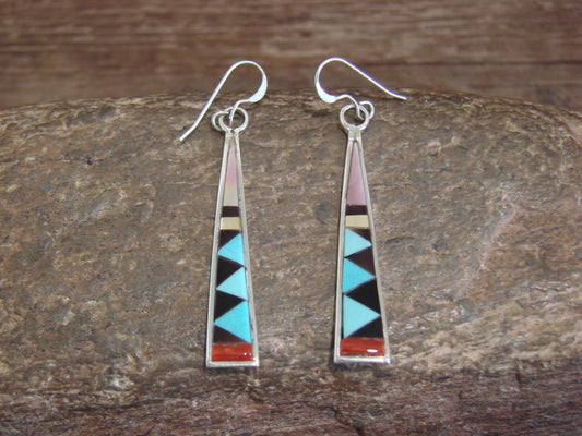 Native American Zuni Indian Sterling Silver Multi Stone Inlay Dangle Earrings - Qualo