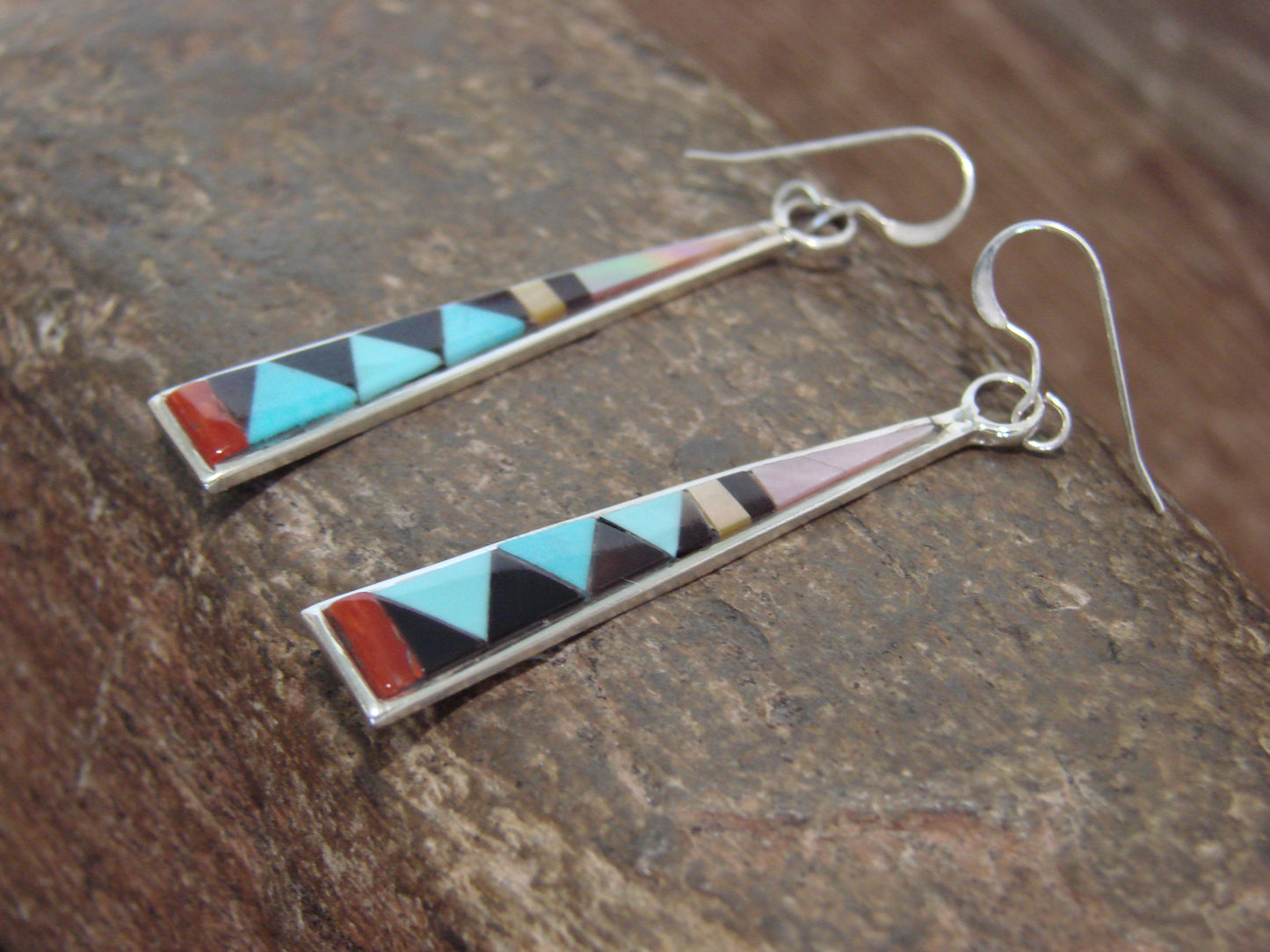 Native American Zuni Indian Sterling Silver Multi Stone Inlay Dangle Earrings - Qualo