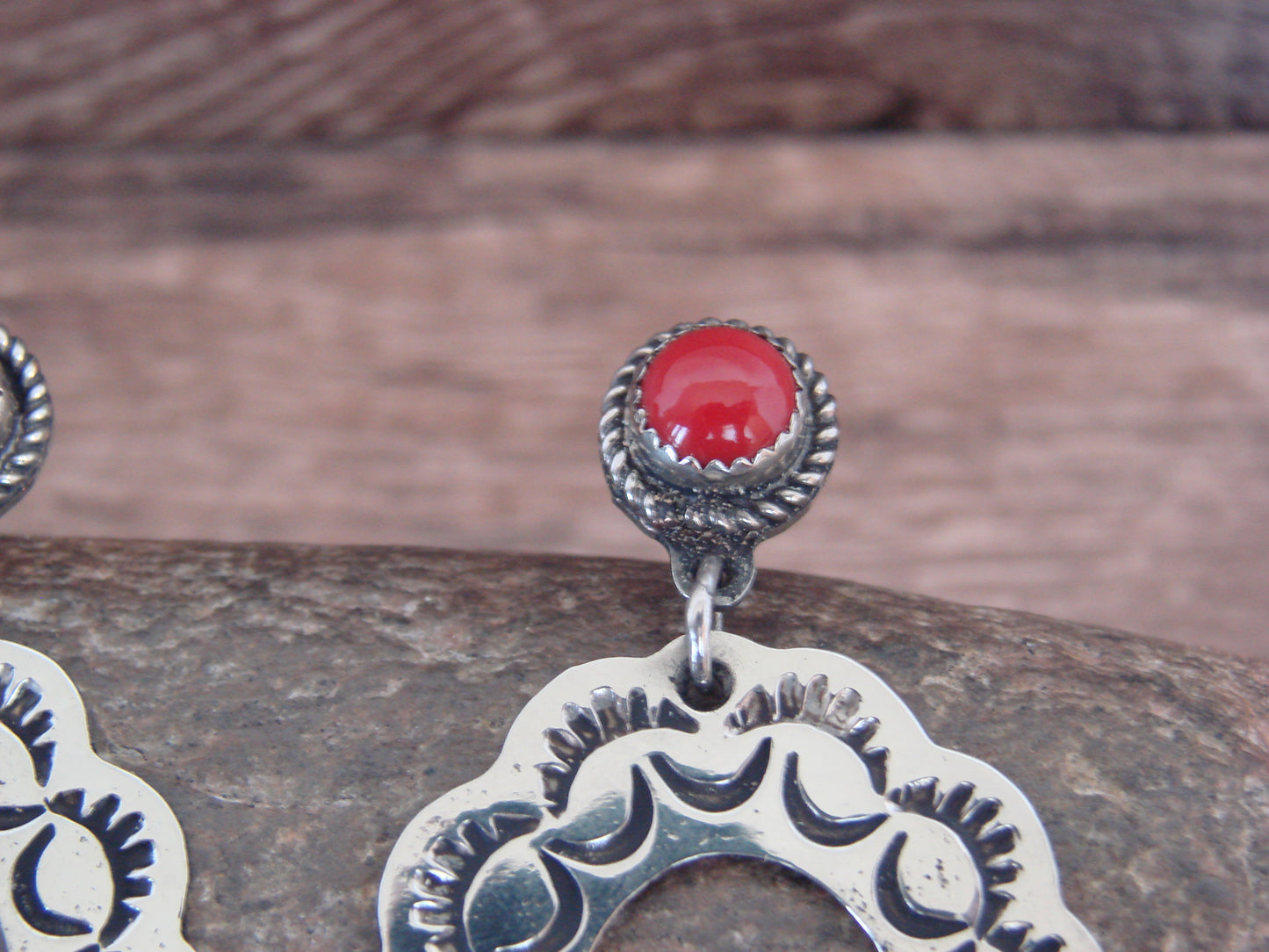 Native American  Nickel Silver & Coral Dangle Post Earrings - Cleveland