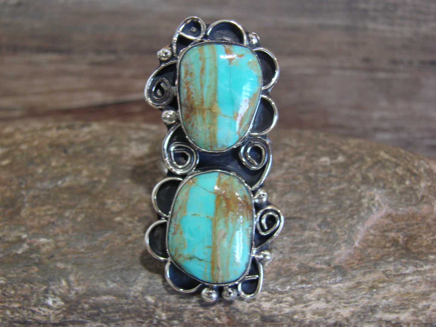Native American Nickel Silver & Turquoise Ring by Cleveland - Size 10