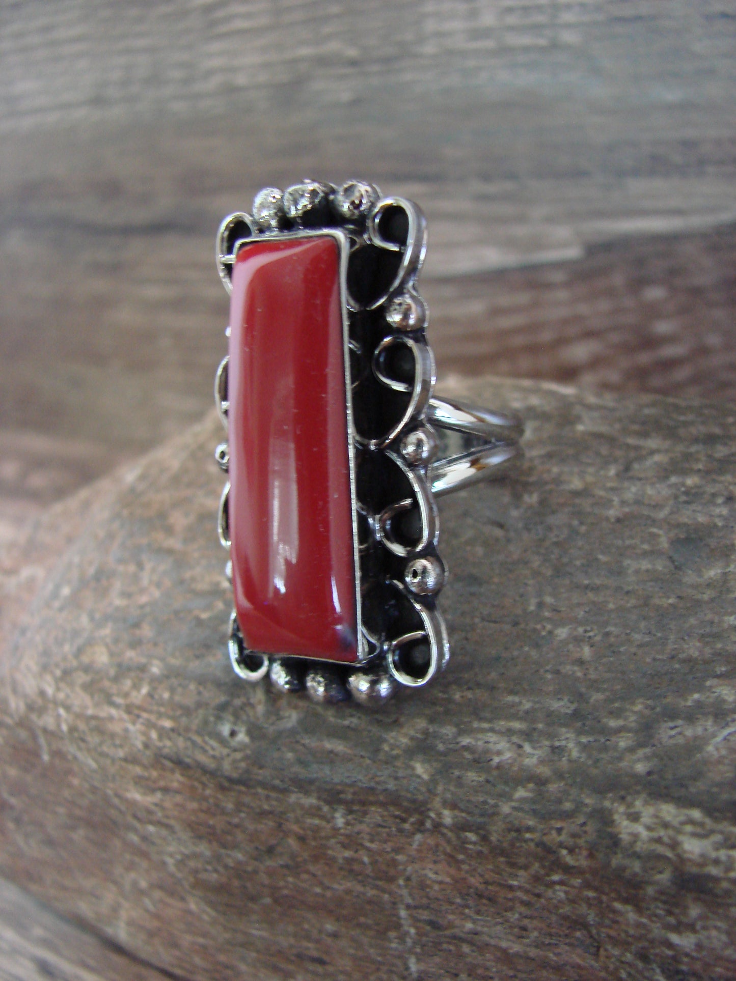 Native American Nickel Silver & Coral Ring Size 9.5 - Cleveland