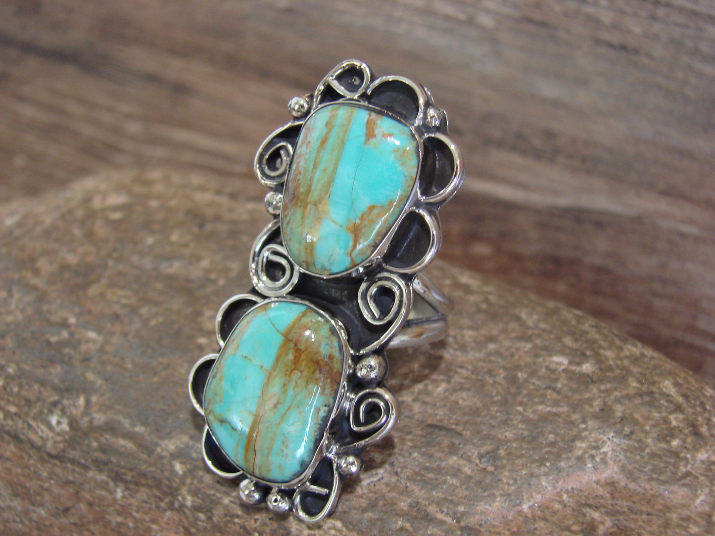 Native American Nickel Silver & Turquoise Ring by Cleveland - Size 10