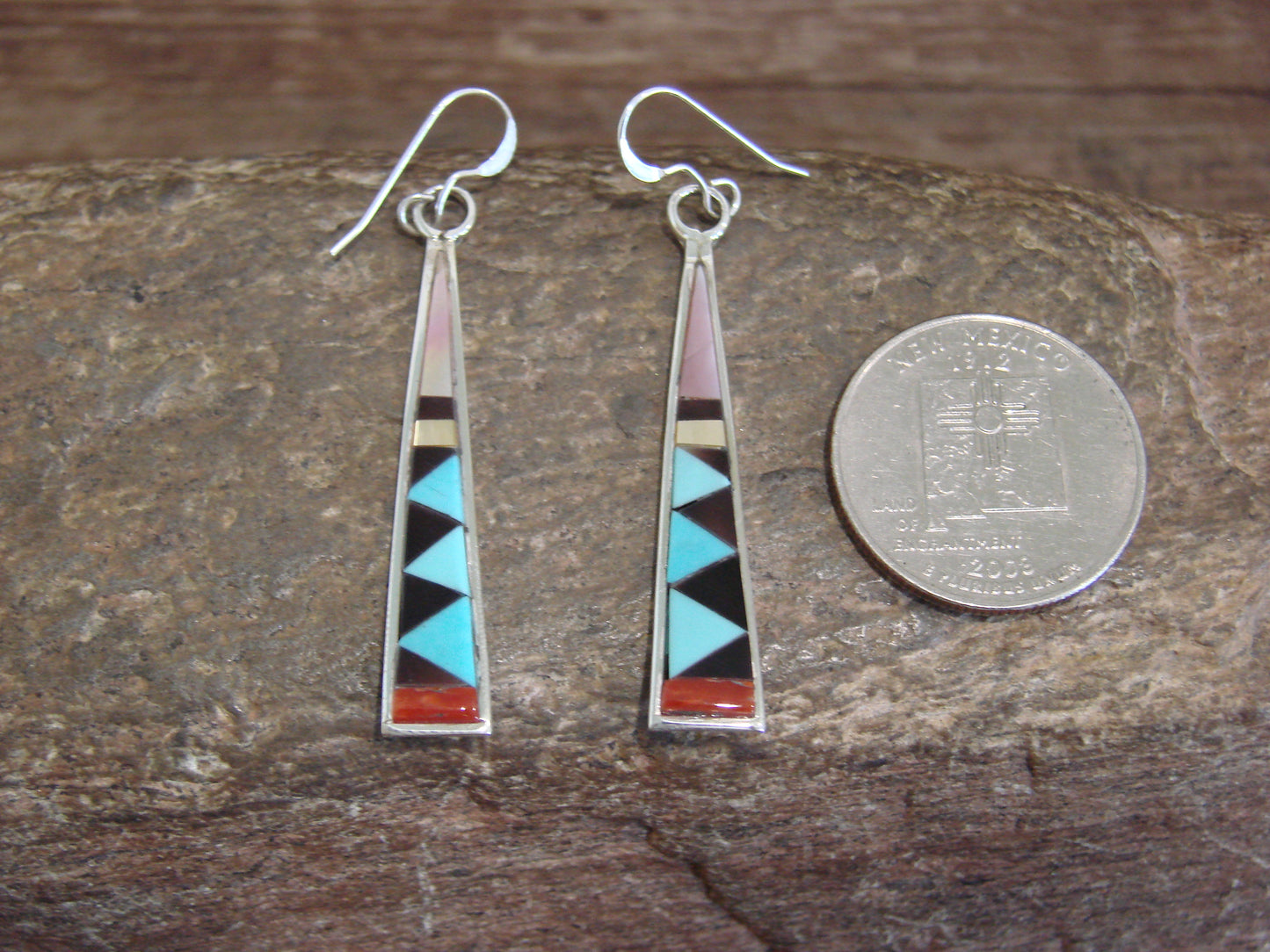 Native American Zuni Indian Sterling Silver Multi Stone Inlay Dangle Earrings - Qualo