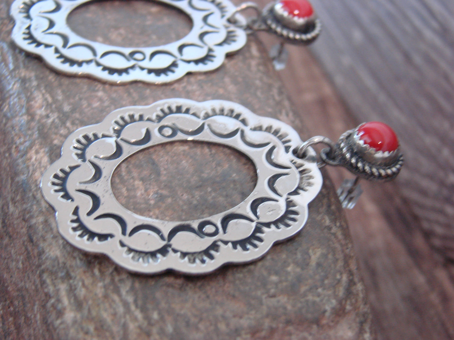 Native American  Nickel Silver & Coral Dangle Post Earrings - Cleveland