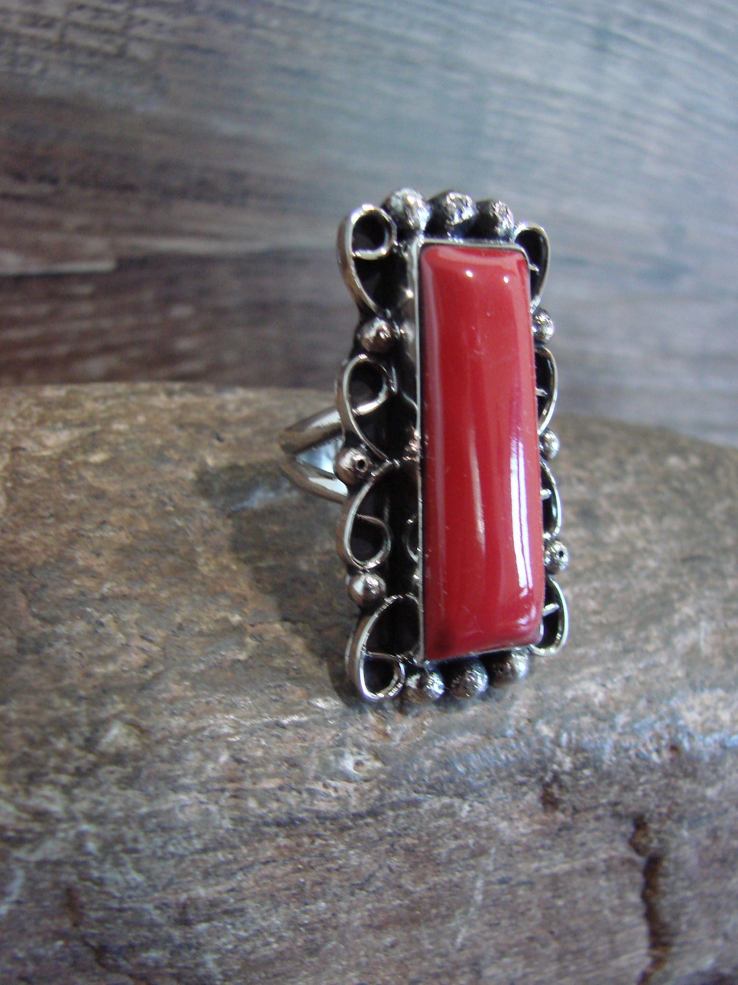 Native American Nickel Silver & Coral Ring Size 9.5 - Cleveland