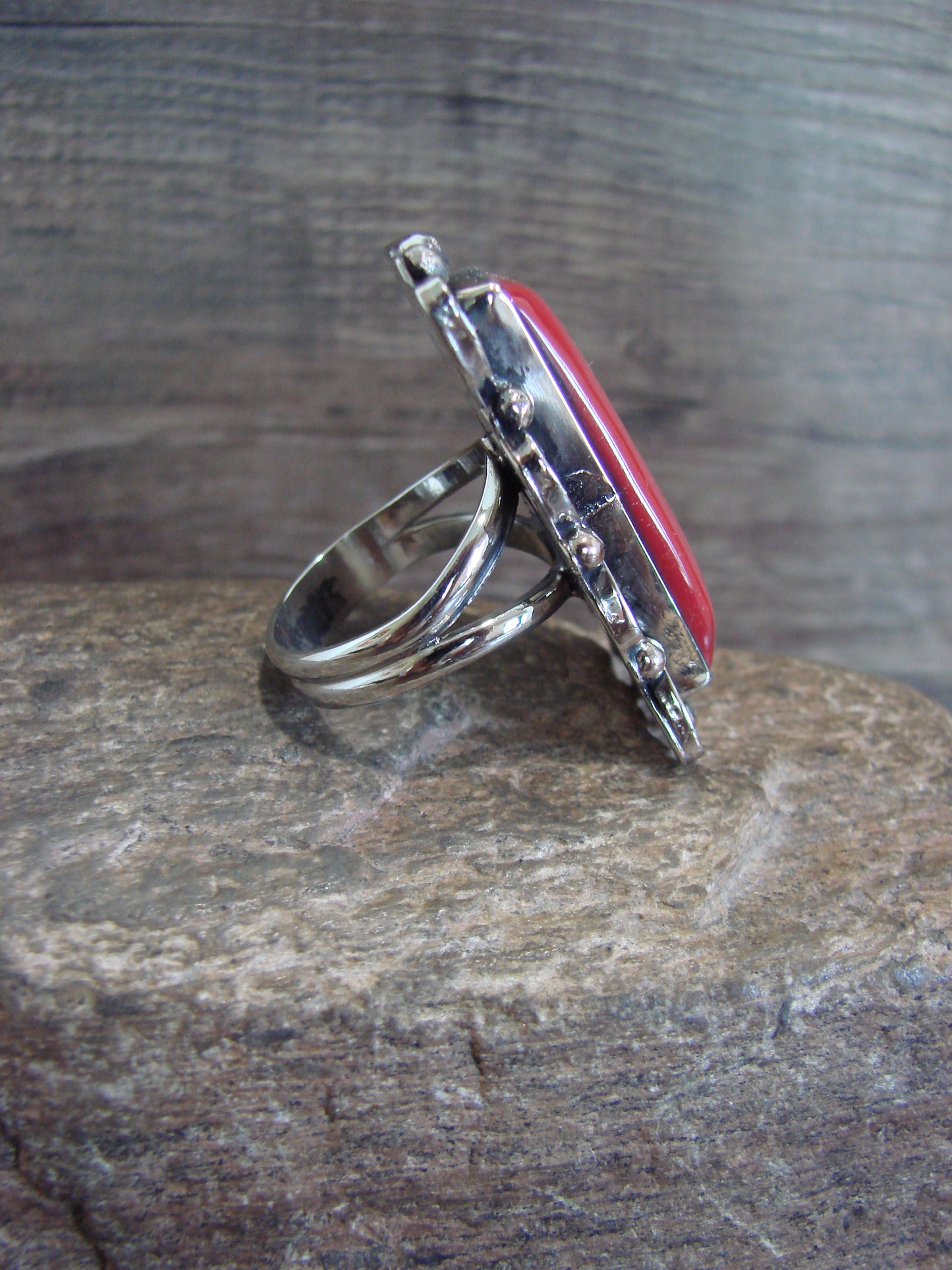 Native American Nickel Silver & Coral Ring Size 9.5 - Cleveland