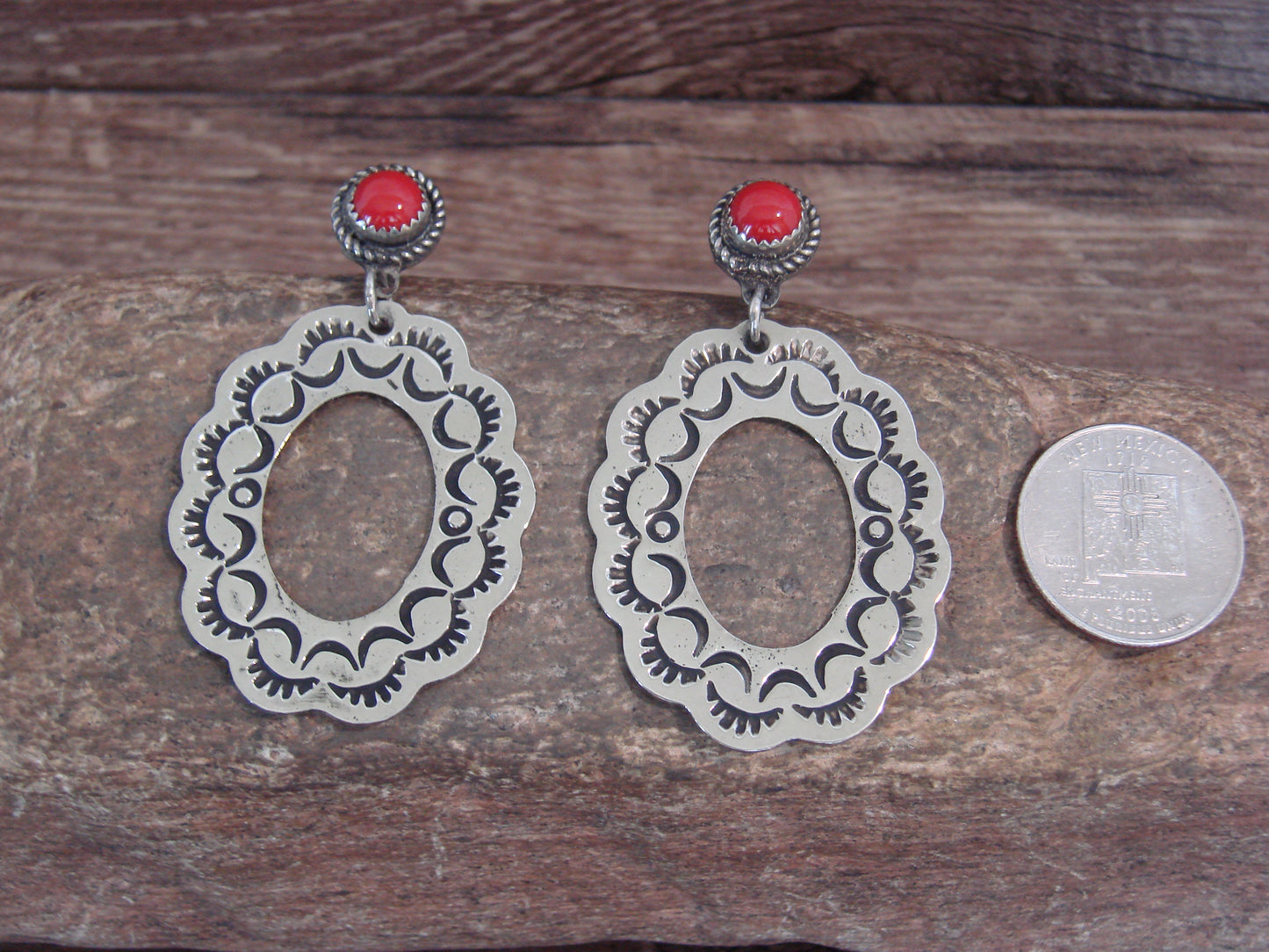 Native American  Nickel Silver & Coral Dangle Post Earrings - Cleveland
