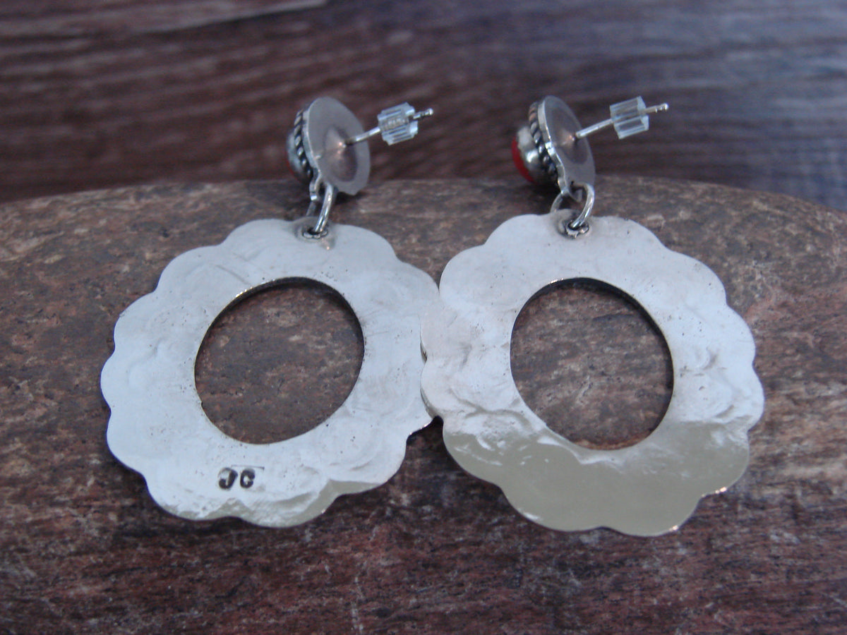 Native American  Nickel Silver & Coral Dangle Post Earrings - Cleveland