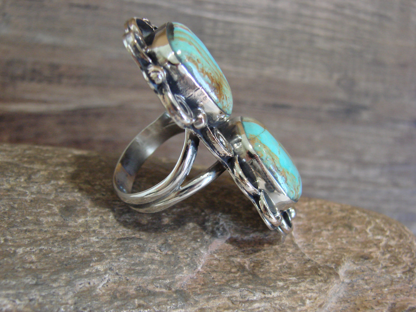 Native American Nickel Silver & Turquoise Ring by Cleveland - Size 10