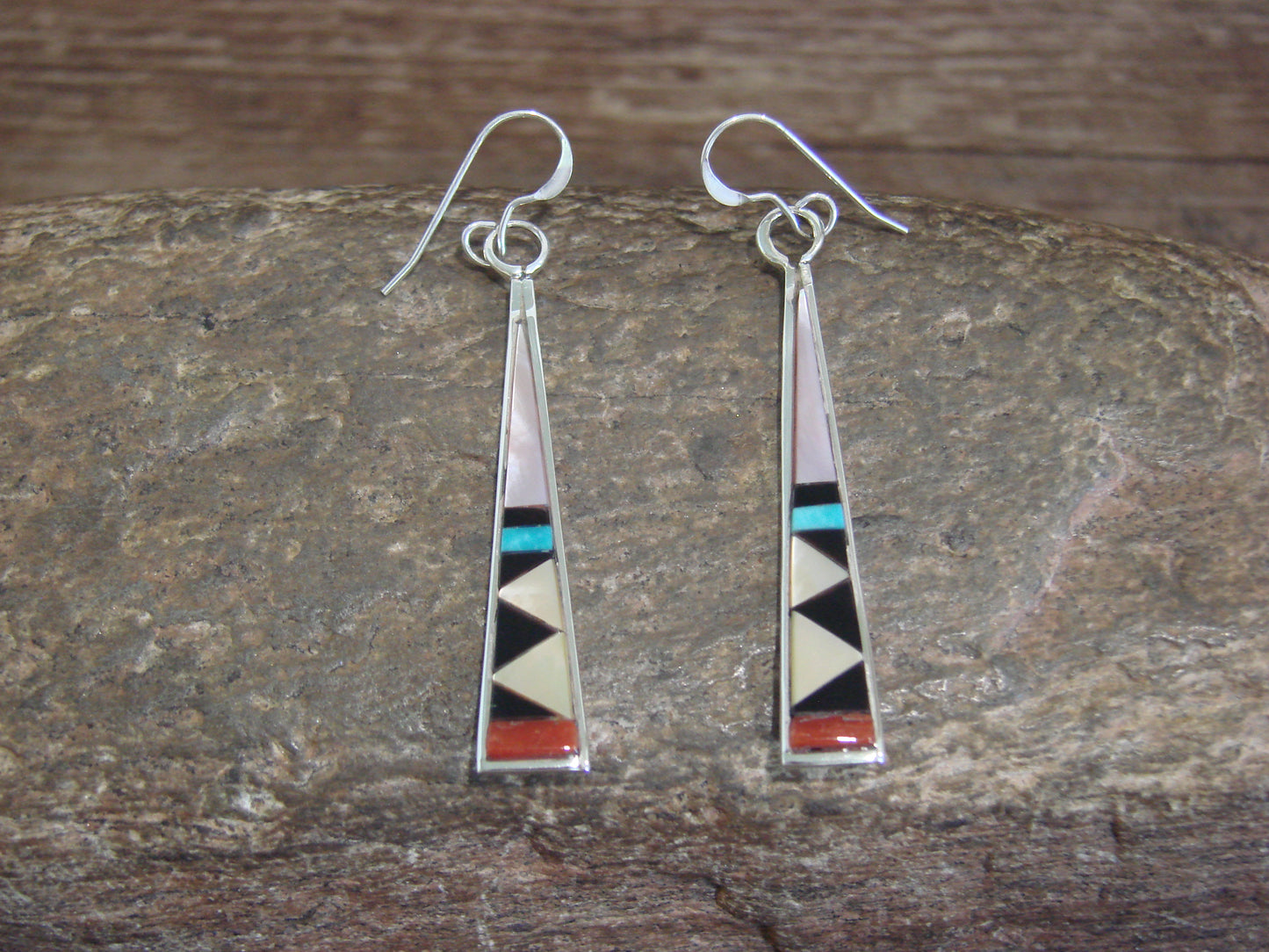 Native American Zuni Indian Sterling Silver Multi Stone Inlay Dangle Earrings - Qualo