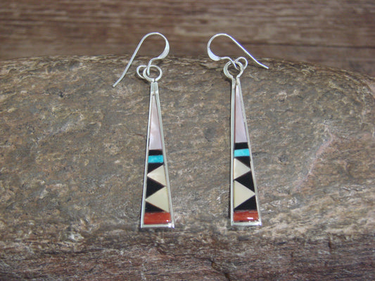 Native American Zuni Indian Sterling Silver Multi Stone Inlay Dangle Earrings - Qualo