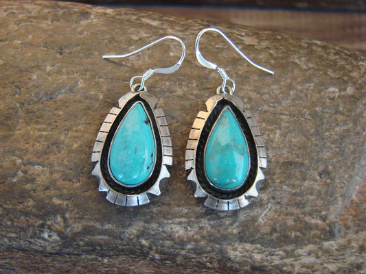 Native American Sterling Silver Shadowbox Turquoise Dangle Earrings - Begay