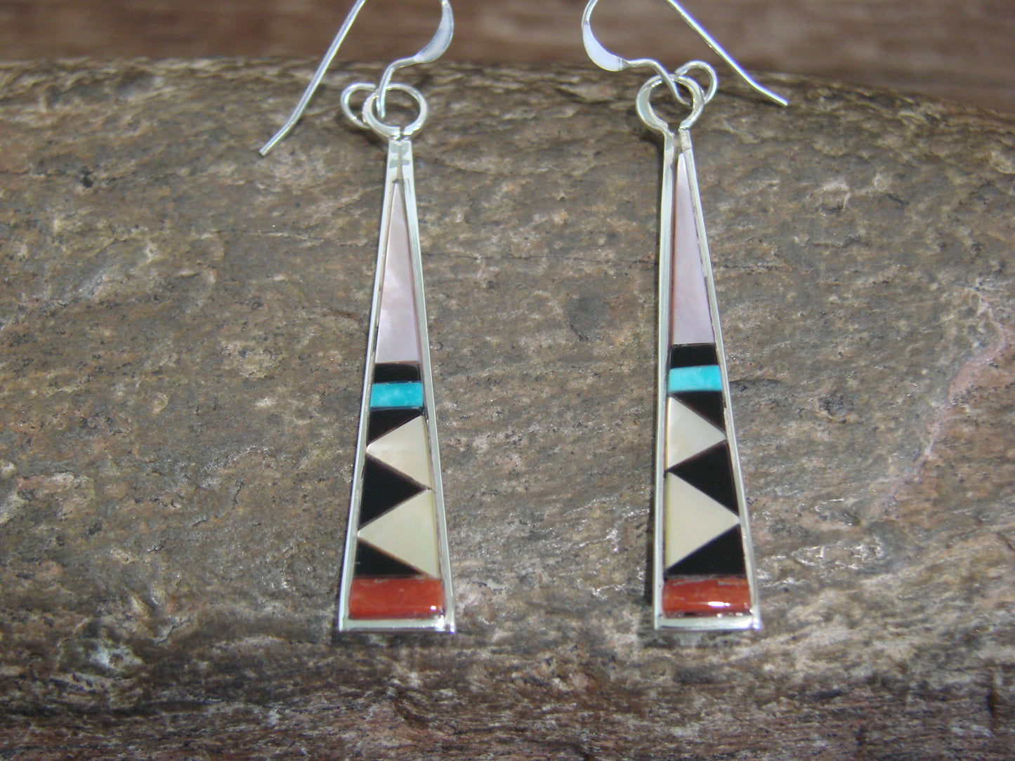 Native American Zuni Indian Sterling Silver Multi Stone Inlay Dangle Earrings - Qualo