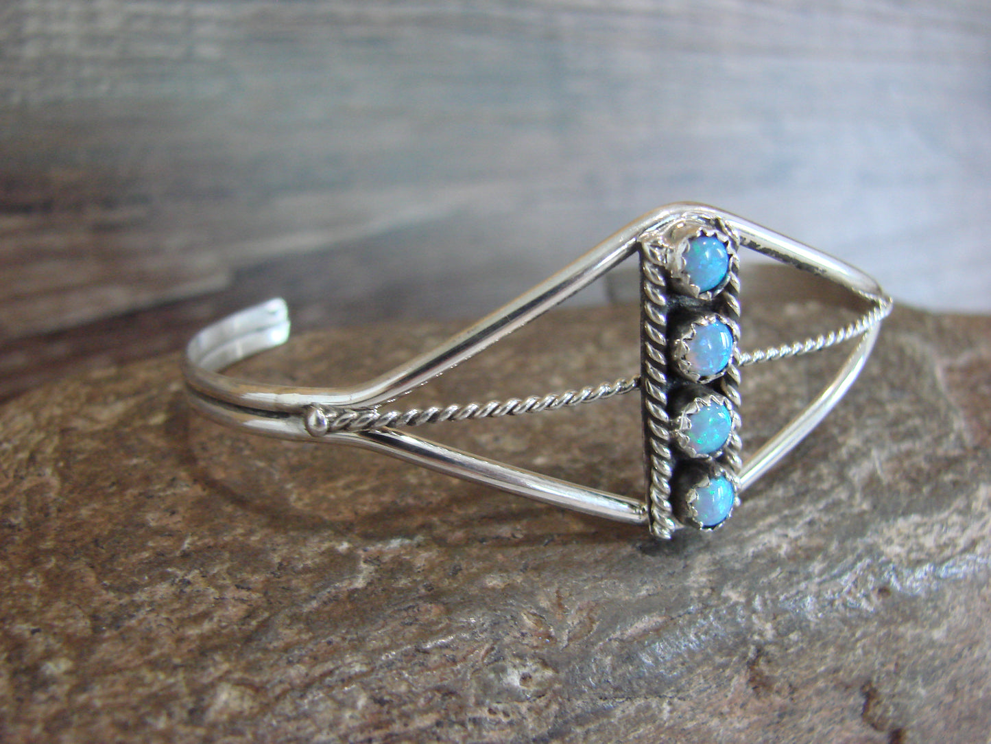 Native American Sterling Silver Blue Opal Inlay Row Bracelet - Spencer