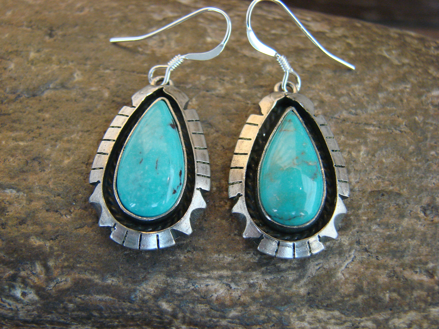 Native American Sterling Silver Shadowbox Turquoise Dangle Earrings - Begay