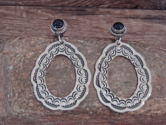 Native American  Nickel Silver & Onyx Dangle Post Earrings - Cleveland