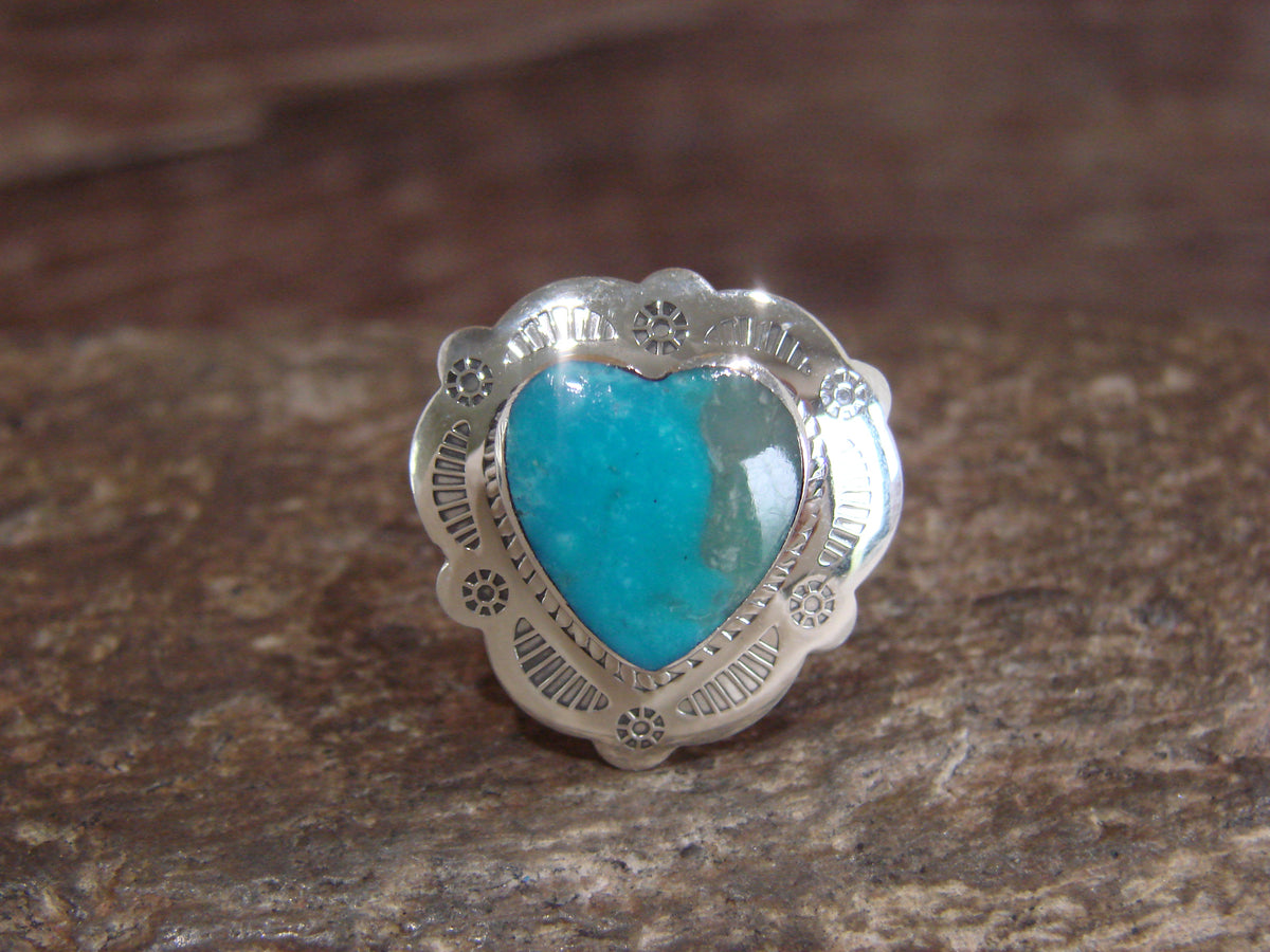 Native American Sterling Silver & Turquoise Heart Ring Size 7 - 8 - Coho
