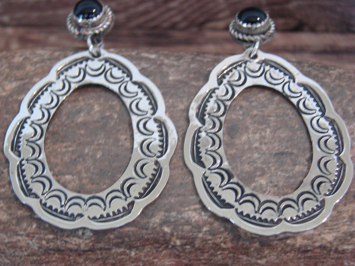 Native American  Nickel Silver & Onyx Dangle Post Earrings - Cleveland