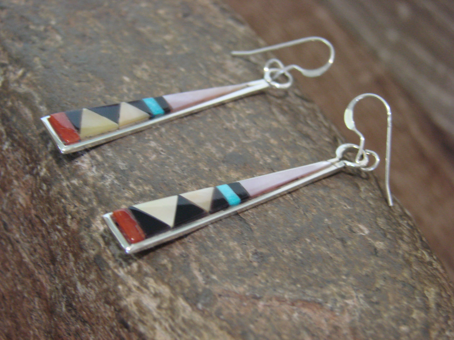 Native American Zuni Indian Sterling Silver Multi Stone Inlay Dangle Earrings - Qualo