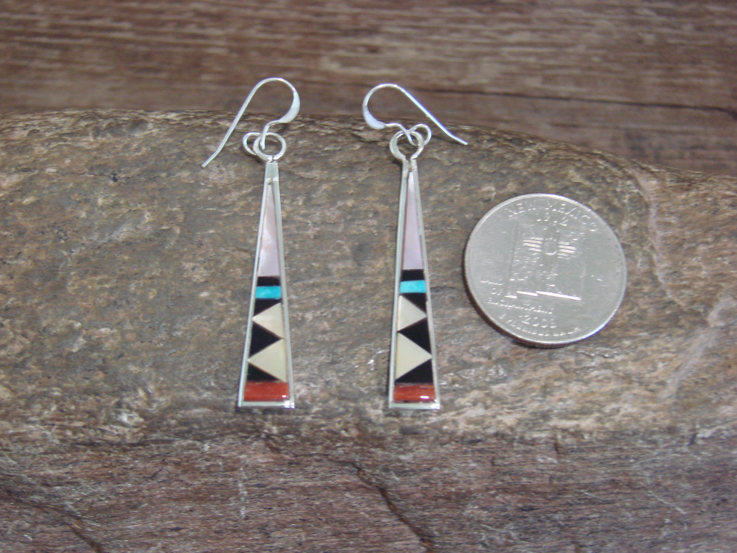 Native American Zuni Indian Sterling Silver Multi Stone Inlay Dangle Earrings - Qualo