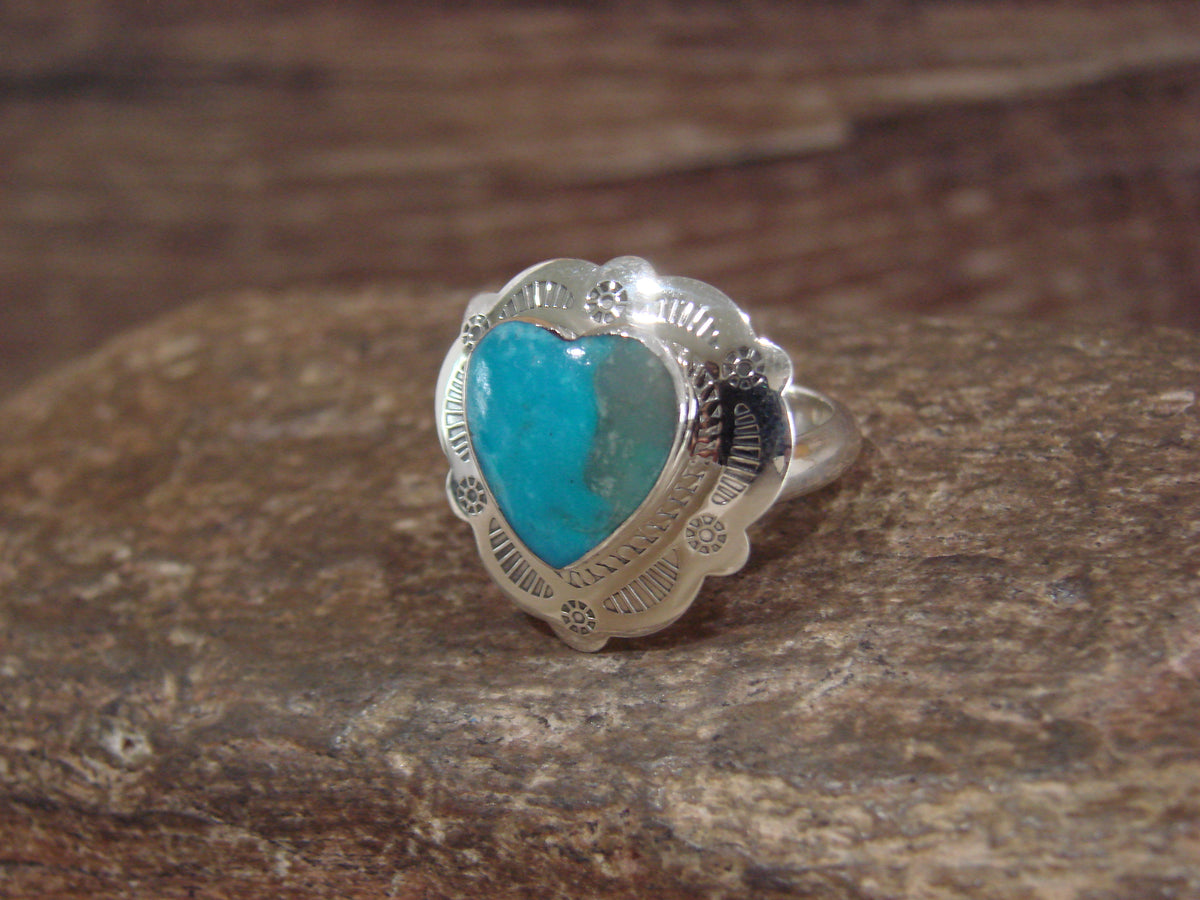 Native American Sterling Silver & Turquoise Heart Ring Size 7 - 8 - Coho