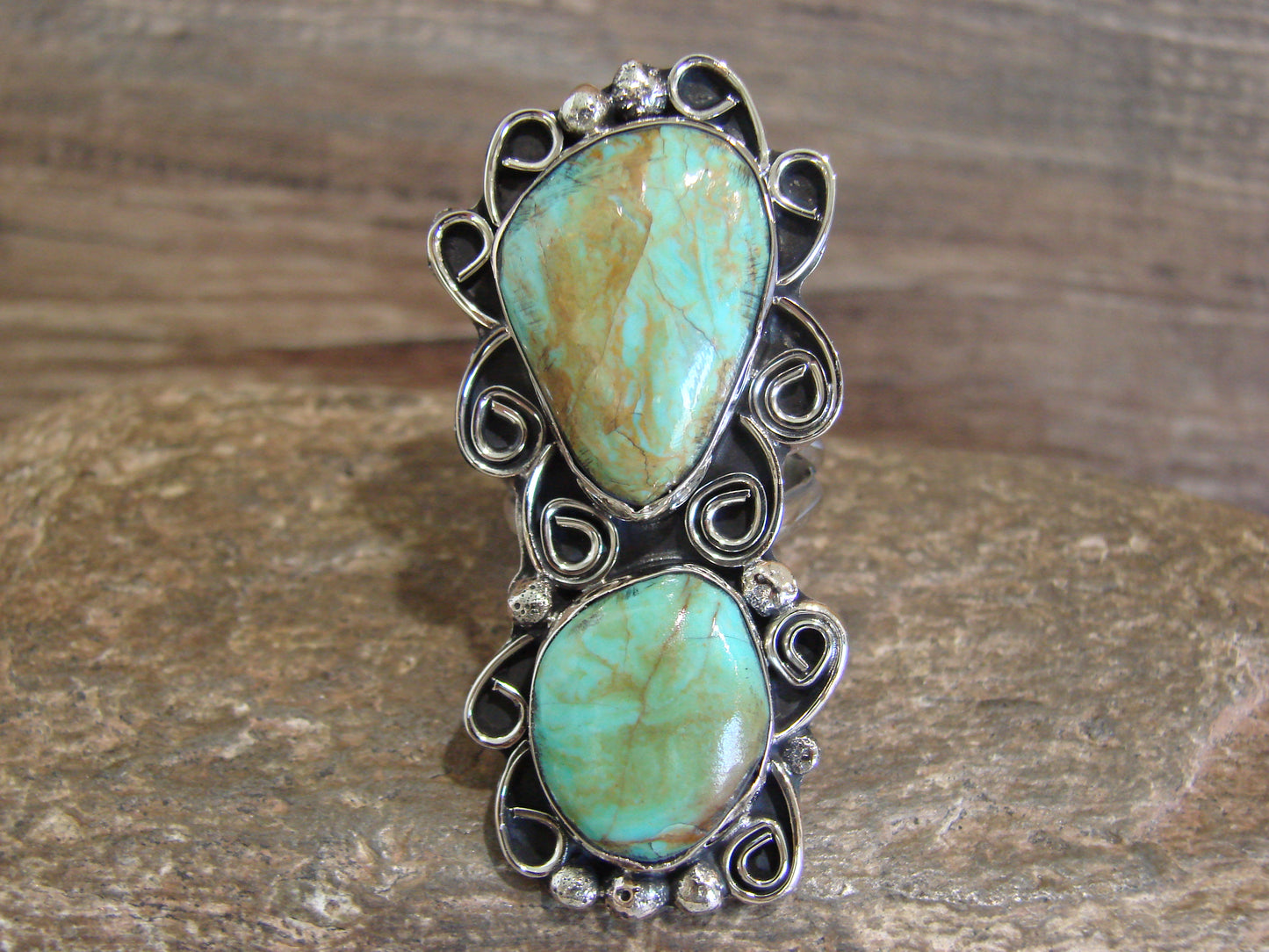 Native American Nickel Silver & Turquoise Ring by Cleveland - Size 10