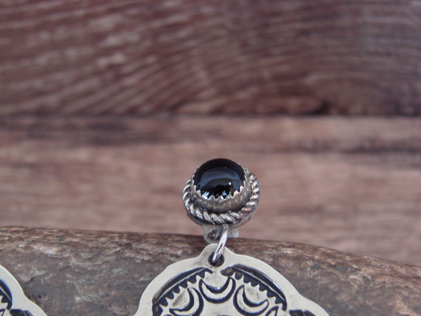 Native American  Nickel Silver & Onyx Dangle Post Earrings - Cleveland