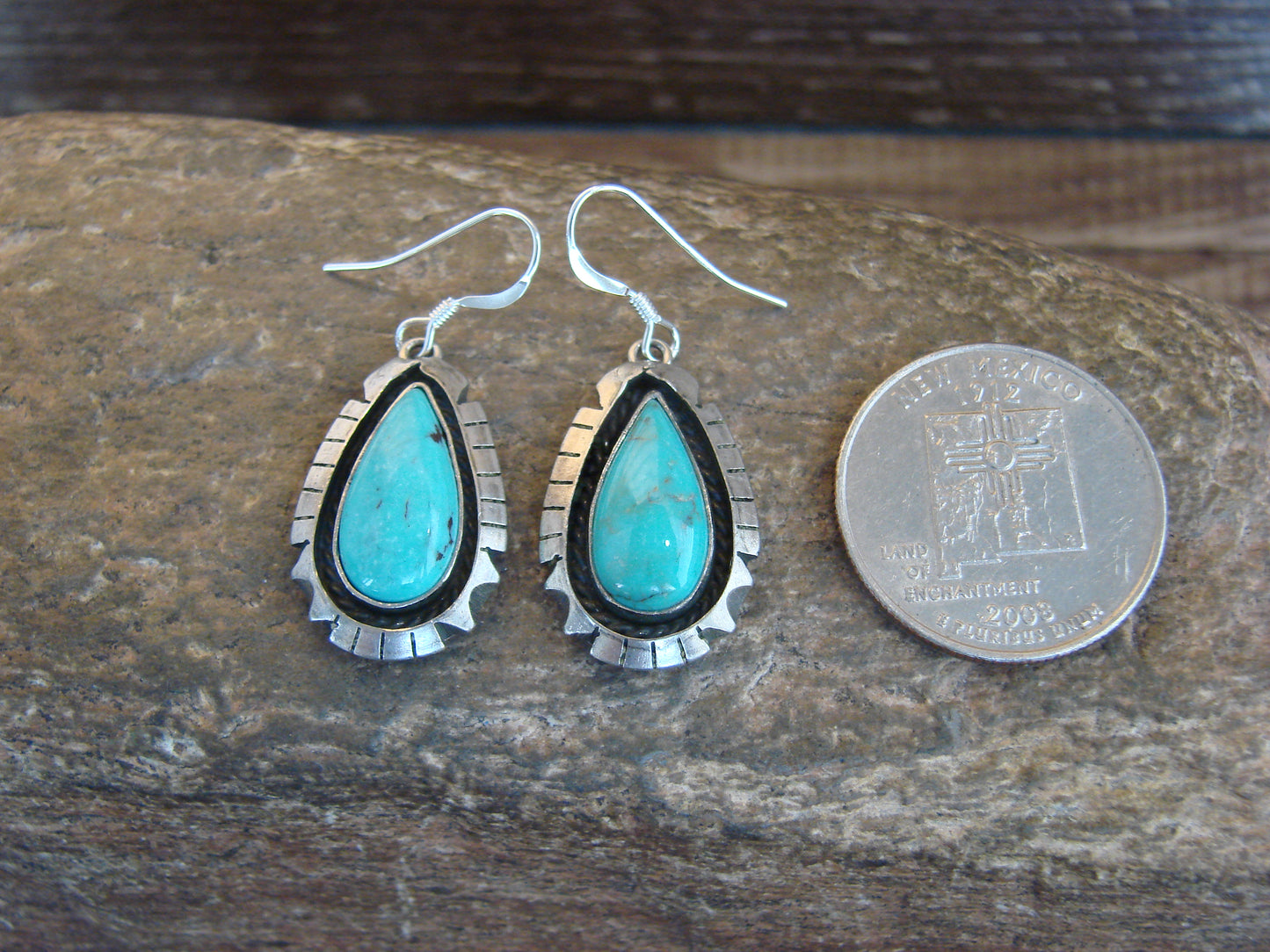 Native American Sterling Silver Shadowbox Turquoise Dangle Earrings - Begay