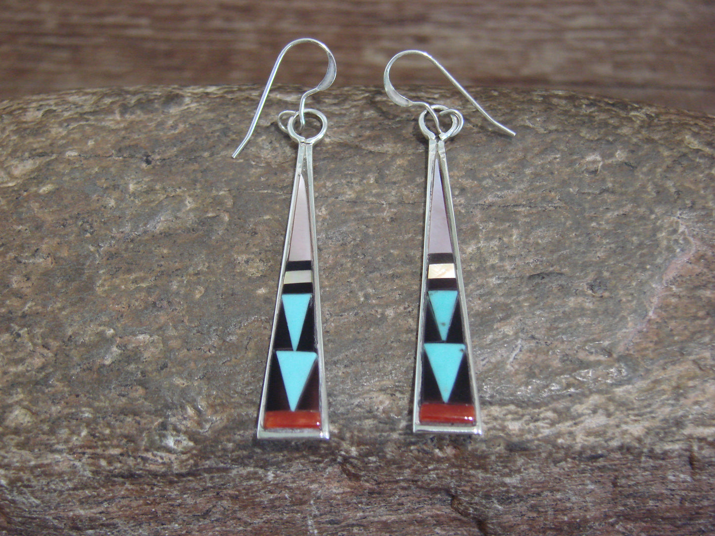 Native American Zuni Indian Sterling Silver Multi Stone Inlay Dangle Earrings - Qualo