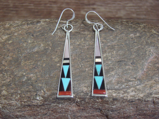 Native American Zuni Indian Sterling Silver Multi Stone Inlay Dangle Earrings - Qualo