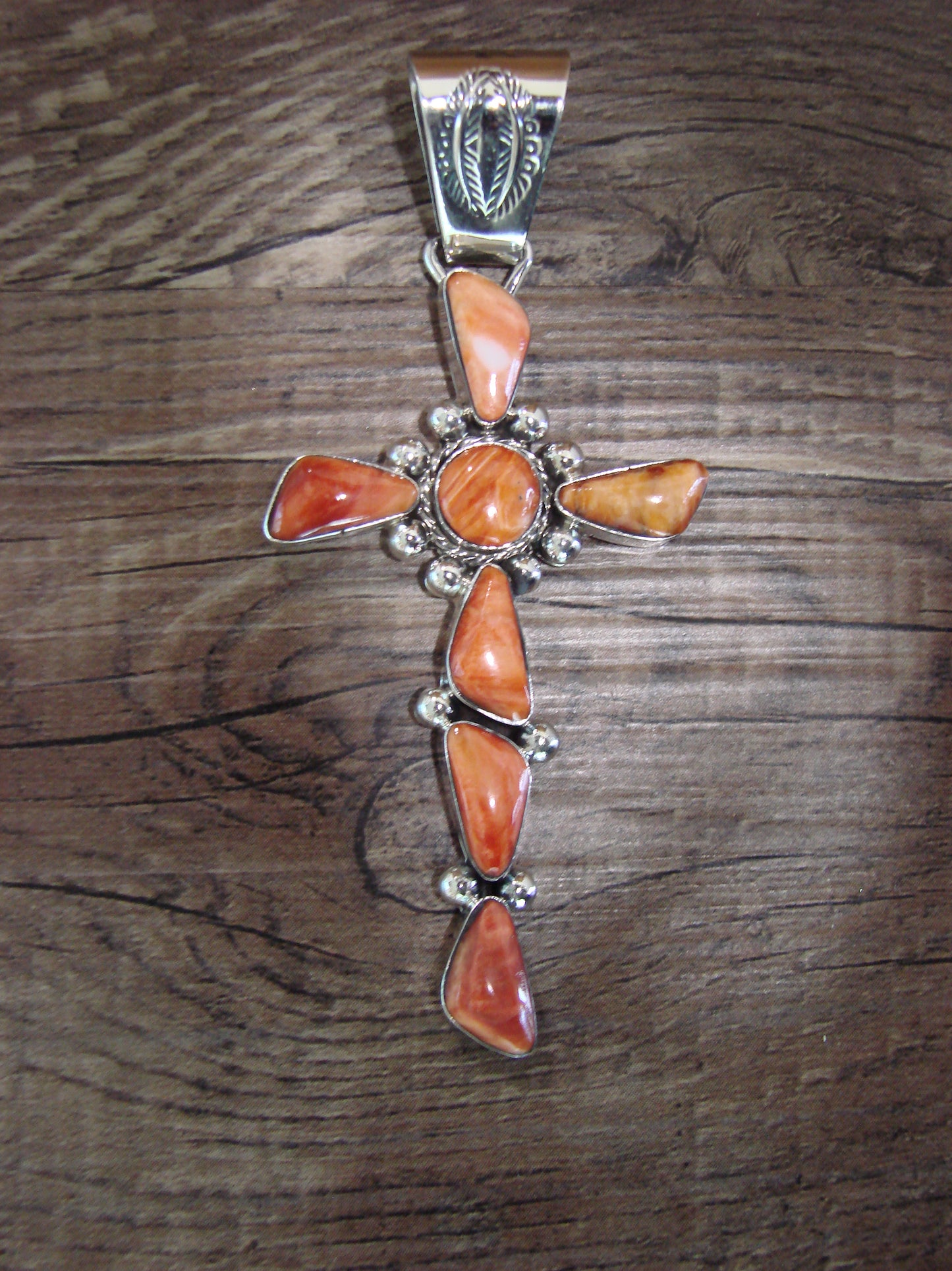 Native American Sterling Silver & Spiny Oyster Cross Pendant by Sheena Jack