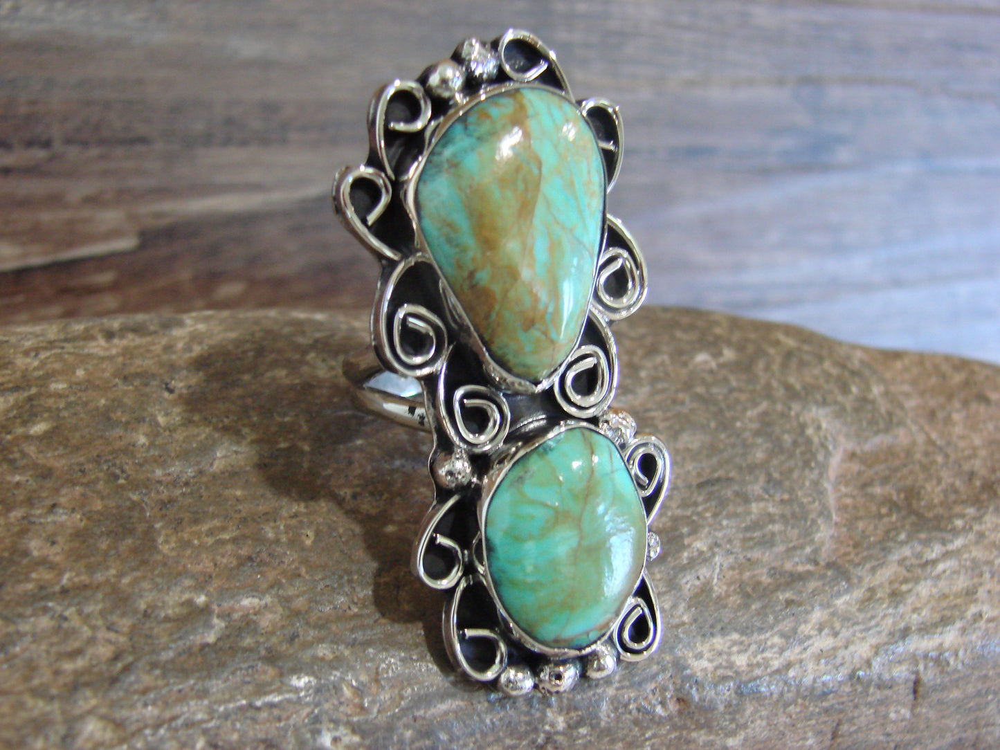 Native American Nickel Silver & Turquoise Ring by Cleveland - Size 10