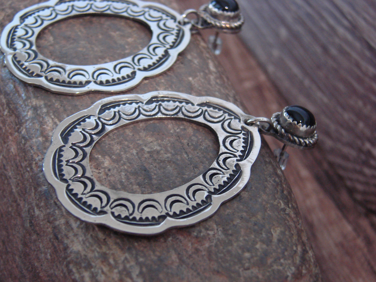 Native American  Nickel Silver & Onyx Dangle Post Earrings - Cleveland