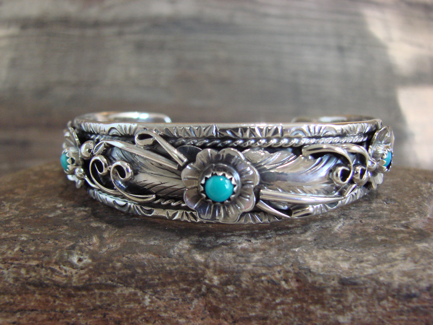 Native American Sterling Silver Floral Turquoise Bracelet by Joe
