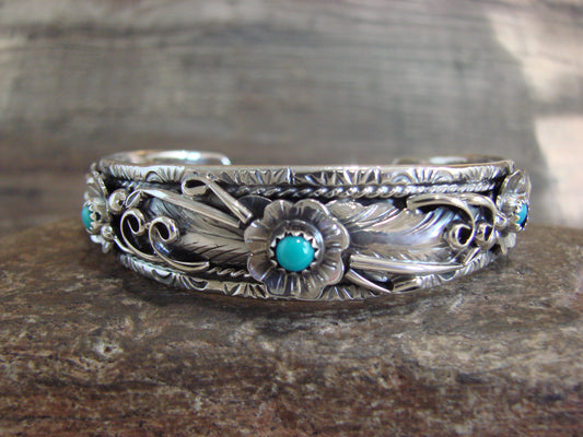 Native American Sterling Silver Floral Turquoise Bracelet by Joe
