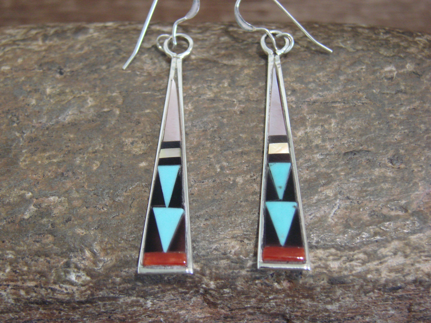 Native American Zuni Indian Sterling Silver Multi Stone Inlay Dangle Earrings - Qualo