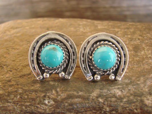 Native American Sterling Silver & Turquoise Horse Shoe Post Earrings - Chiquito