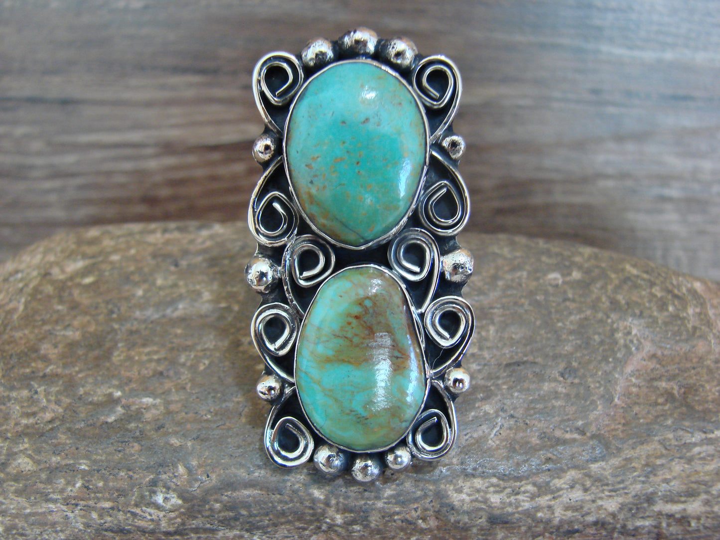 Native American Nickel Silver & Turquoise Adjustable Ring by Cleveland - Size 8 - 10