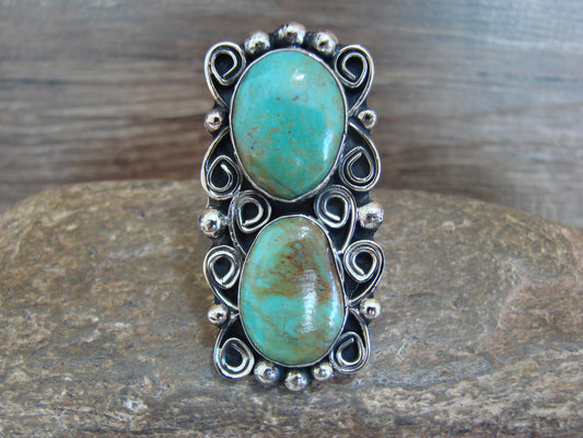 Native American Nickel Silver & Turquoise Adjustable Ring by Cleveland - Size 8 - 10