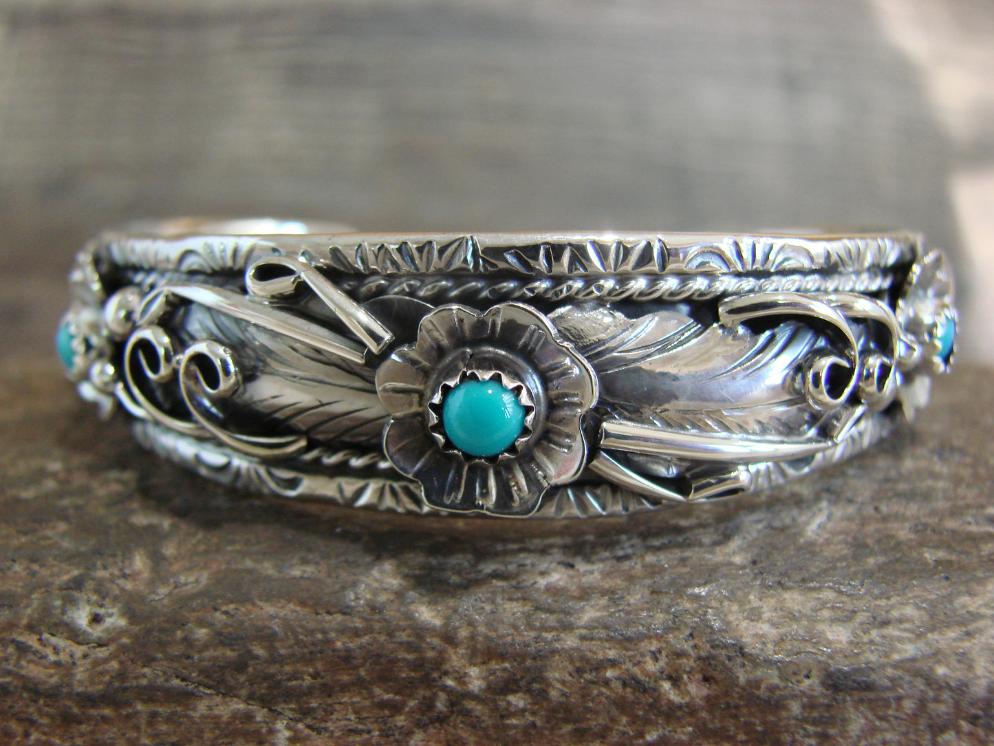 Native American Sterling Silver Floral Turquoise Bracelet by Joe