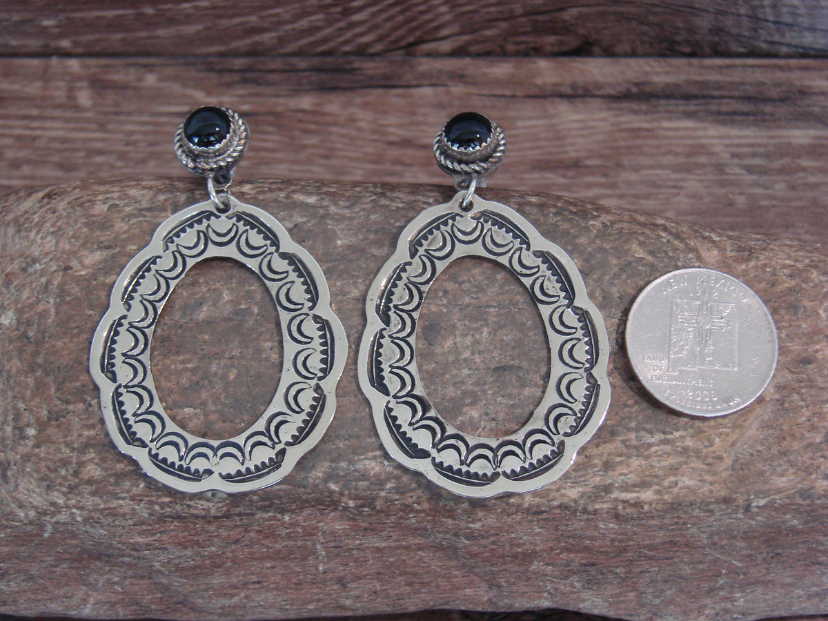 Native American  Nickel Silver & Onyx Dangle Post Earrings - Cleveland