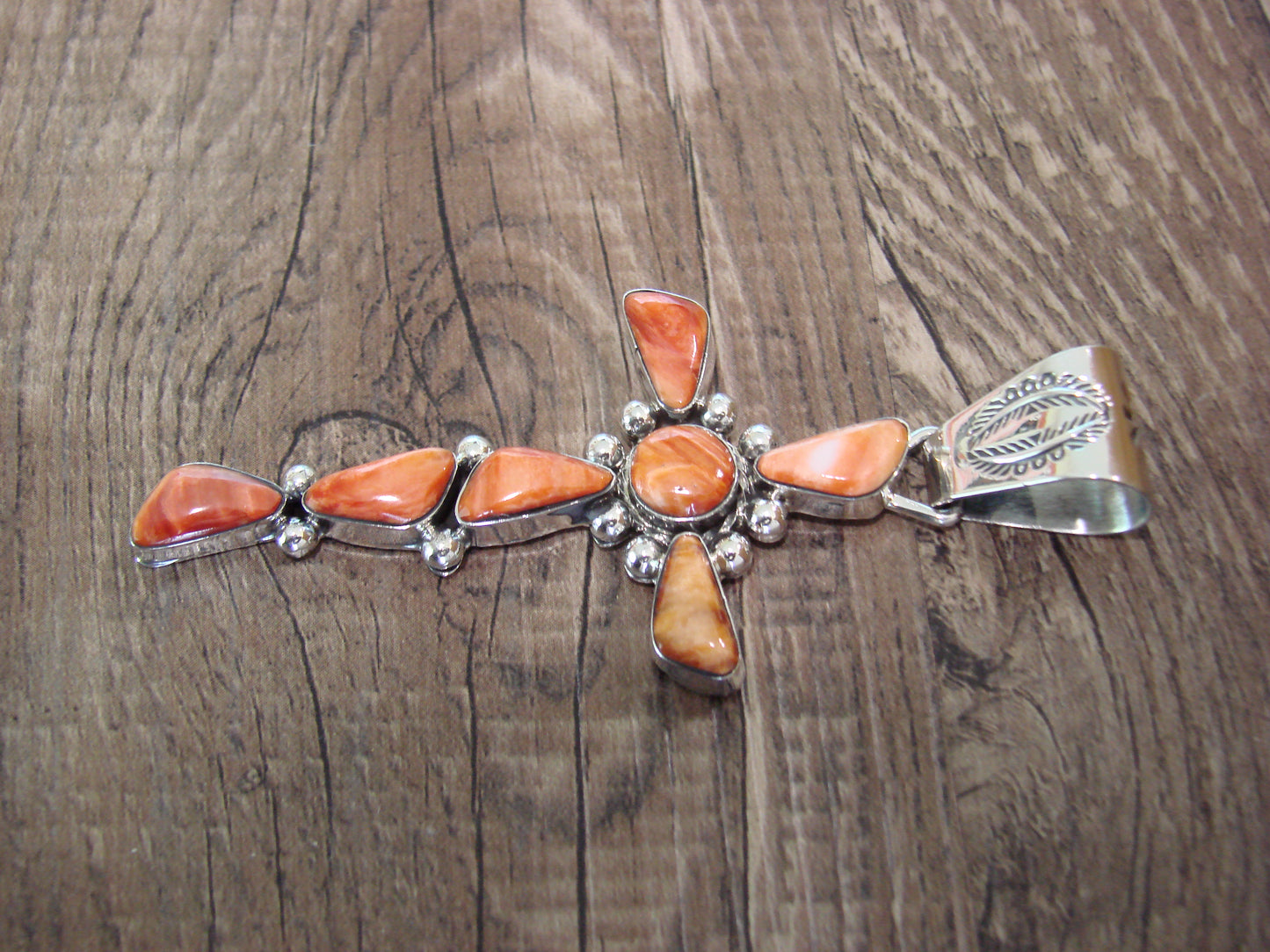 Native American Sterling Silver & Spiny Oyster Cross Pendant by Sheena Jack