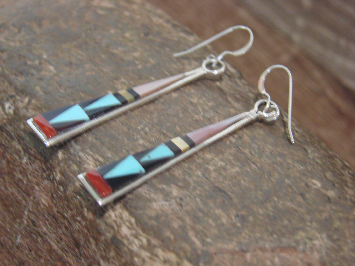 Native American Zuni Indian Sterling Silver Multi Stone Inlay Dangle Earrings - Qualo