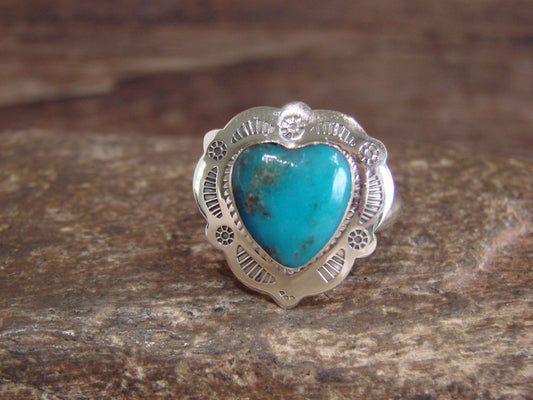 Native American Sterling Silver & Turquoise Heart Ring Size 7 - 8 - Coho
