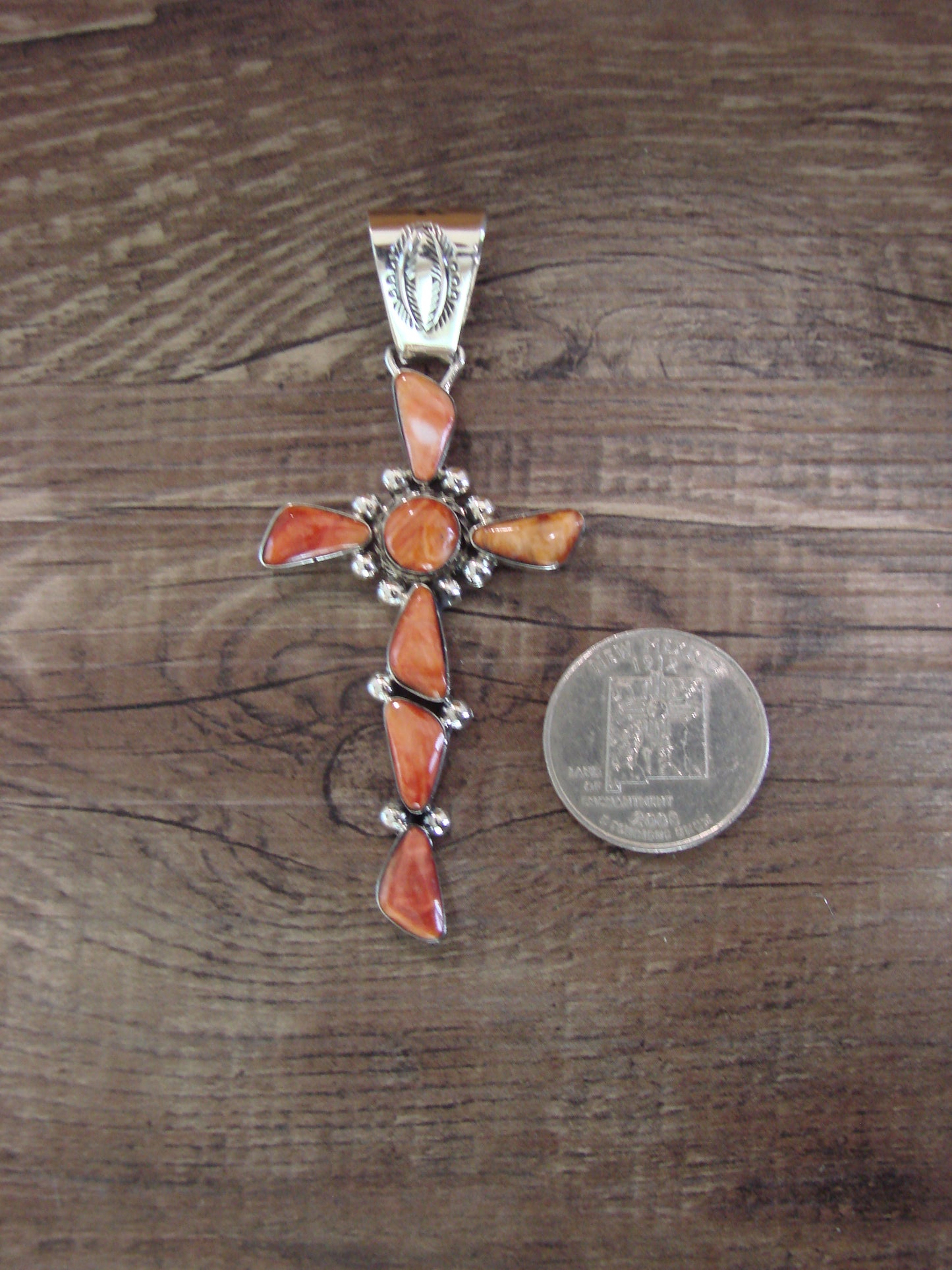 Native American Sterling Silver & Spiny Oyster Cross Pendant by Sheena Jack