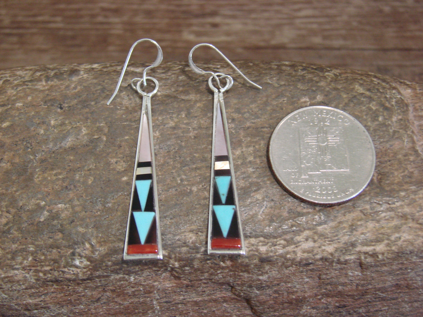 Native American Zuni Indian Sterling Silver Multi Stone Inlay Dangle Earrings - Qualo