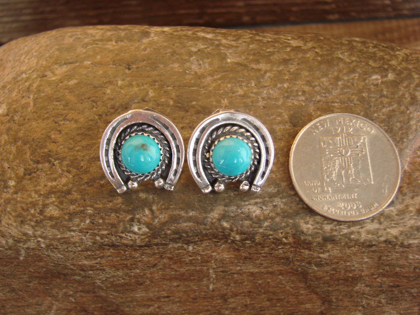 Native American Sterling Silver & Turquoise Horse Shoe Post Earrings - Chiquito