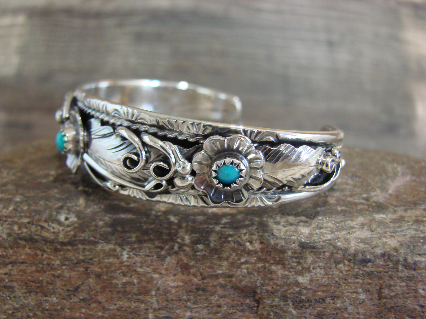 Native American Sterling Silver Floral Turquoise Bracelet by Joe
