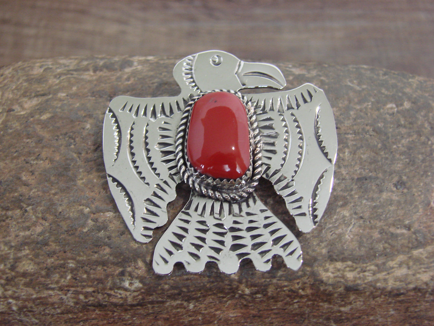 Native American Nickel Silver & Coral Thunderbird Pin - Cleveland